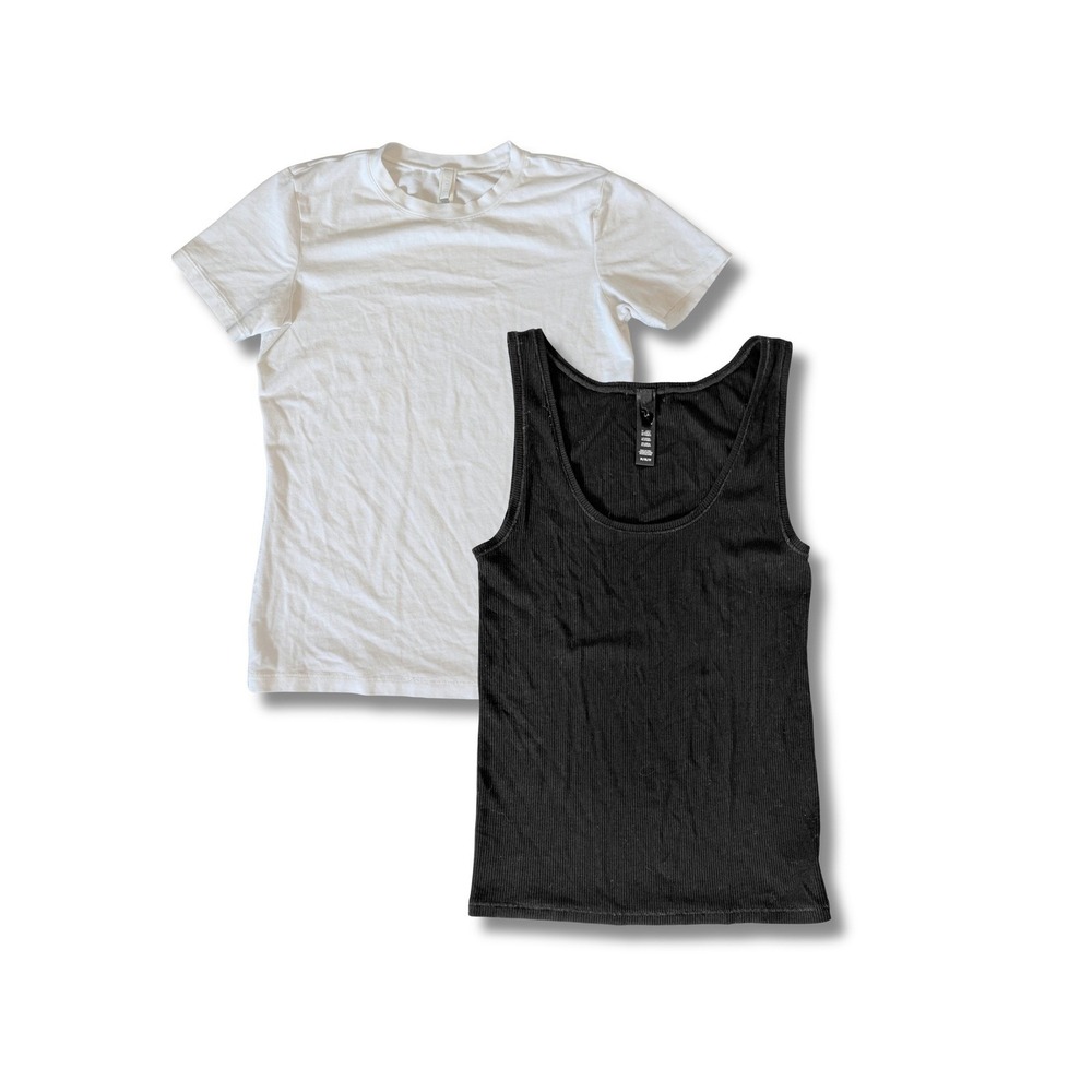 Lot of 2 SKIMS Black Ribbed Tank Top & White Crew Neck T-Shirt Med Casual Lounge